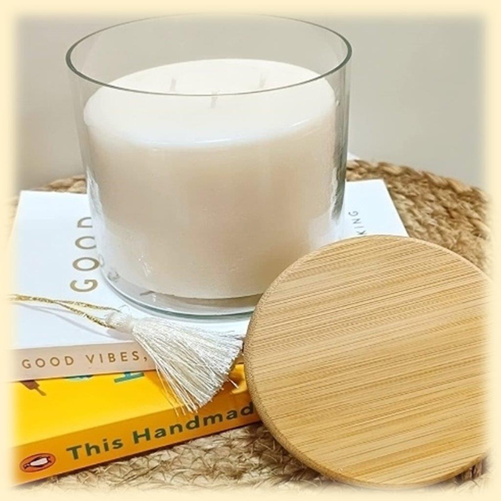 Big Clear glass Jar Candle with wooden lid, 3 Cotton Wicks | Aesthetics