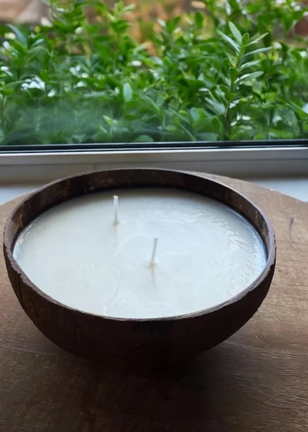Coconut shell candle with 2 cotton wicks