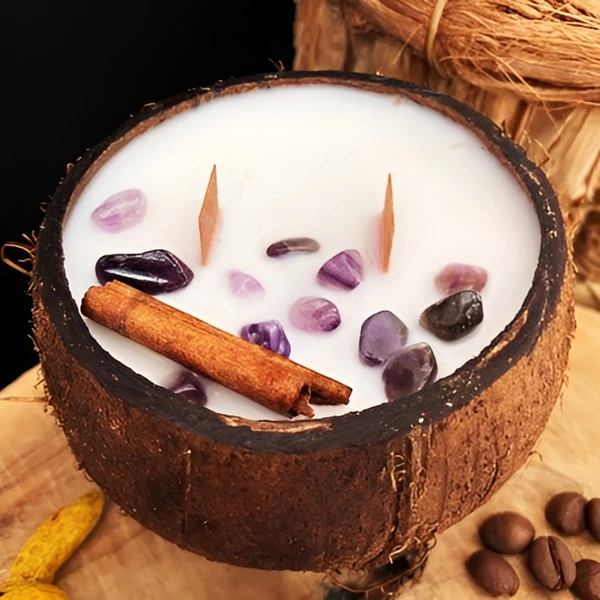 coconut candle with wooden wick and decorations